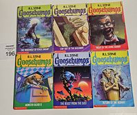Front covers of six Goosebumps novels arranged in two rows of three. Titles visible: The Werewolf of Fever Swamp, Stay Out of the Basement, Night of the Living Dummy, Monster Blood II, The Beast from the East, Return of the Mummy.