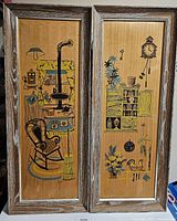 Pair of framed mid century modern styled wall prints by RF Harnett, shown together hanging on a wall