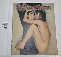 Front cover of the vintage Rolling Stone magazine, showing John Lennon and Yoko Ono in an intimate pose, image taken to show cover condition and iconic cover image.