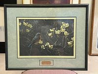 Full view of framed Robert Bateman Bluebird and Blossoms lithograph with mat and frame
