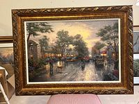 Full view of framed Thomas Kinkade Carmel Sunset embellished giclee canvas