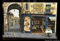 Front view of Viktor Shvaiko hand-embellished canvas showing full café street scene