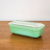 Jadeite refrigerator dish with lid, side view