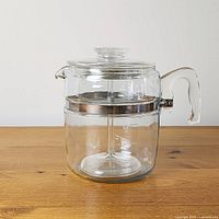 Full view of assembled glass Pyrex Flameware percolator with lid and handle