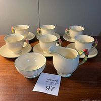 Full set of six cups on saucers with creamer and sugar bowl