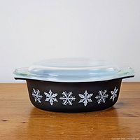 Front view of casserole with lid showing snowflake pattern