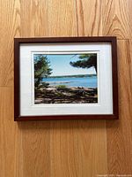 Full view of framed photo showing lakeside landscape with trees, rocks, and water.