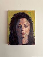Full image of the 11x14 oil painting portrait of a woman with dark curly hair on a warm yellow background.