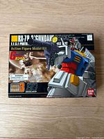 Box of the RX-78-2 Gundam action figure model kit with colorful artwork of the Gundam holding a weapon and branding information.