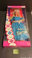 Front view of boxed Dutch Barbie doll