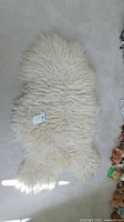 Full view of cream sheep pelt rug laid out flat showing natural shape and texture on light carpet.
