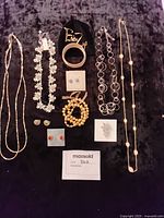 Full collection of costume jewelry including necklaces, bracelets, and earrings laid out on dark fabric.