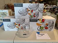 Three boxes of Dublin Collection dessert bowls by Shannon by Godinger, unopened in original packaging, each set contains multiple bowls with a clear crystal cut pattern.
