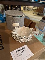 Five white ceramic snowflake-shaped plates stacked together next to a gray fabric carrying case with handle and label patch.