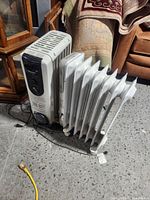 First image showing one Lakewood oil filled radiator space heater with seven fins and power cord on the floor next to furniture and rug.