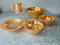 Group shot of all five Peach Lustreware pieces