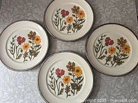 Top-down photo showing all four plates with floral patterns.