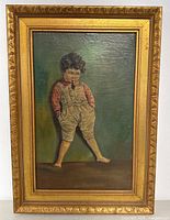 Framed painting showing a barefoot child with curly hair smoking a pipe, staged upright.