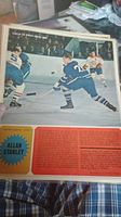 Poster showing Allan Stanley in blue hockey uniform skating with puck, with biography text