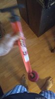 Photo showing the full length of the red toilet plunger held by a person.