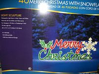 Box label showing Christmas Light Sculpture with dimensional details and light bulb specifications.