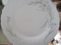 Close-up photo of a large salad plate showing white ceramic material with embossed rim detail and pastel floral design in soft purple and green shades.