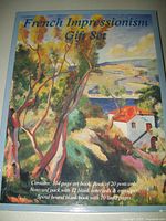 Front cover of French Impressionism Gift Set package showing impressionist landscape artwork and text describing contents including 104-page art book, 20 postcards, 12 blank notecards with envelopes, spiral-bound book.