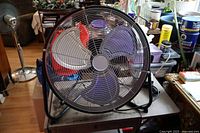 Front view of heavy duty floor fan showing metal blades and grille.