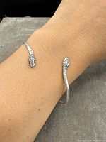 Brass bracelet with two snake heads, worn on wrist, showing scale and design detail.