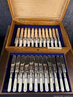 Interior two-tier view showing rows of mother-of-pearl handled knives in blue velvet lining