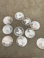 Top view of 10 silver American Eagle bullion coins spread on a brown fabric.