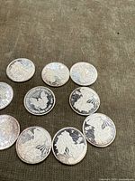 Ten American pure silver 1 gram bullion coins displayed on fabric surface showing the obverse side with Statue of Liberty design and reverse with American eagle design.