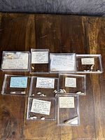 Nine clear sample cases containing multiple small shell specimens each with handwritten scientific labels, arranged on a dark wooden surface.