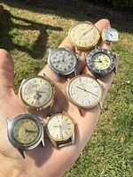 Hand holding eight watches on grass background