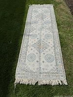 Full view of the long rectangular runner rug laid out on grass, showing fringe on the ends and overall pattern.