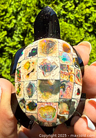 Front view showing detailed natural opal mosaic shell with multicolored iridescence and smooth black slate head and legs