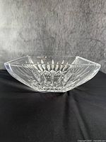 Front and side view of the clear Waterford crystal squared bowl showing the detailed cut patterns.