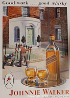 Front view of the full color illustration of the vintage Johnnie Walker whisky advertisement with men working and whisky bottle.