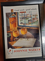 Full view of the original Johnnie Walker whisky advertisement dated May 13, 1946, showing the bottle, glasses, telegrams, and harbor scene through window.