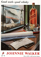 Full view of the Johnnie Walker whisky advertisement with scene of bottled whisky, two glasses, telegram, blueprints, and ship painting, showing all text and details.