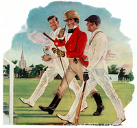 Close-up of the color illustrated image depicting three men in cricket clothing on a field, central man in red coat and top hat.