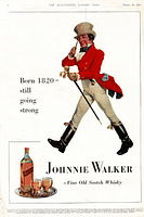 Full original advertisement showing striding man, bottle of Johnnie Walker whisky and two glasses on a tray, with text 'Born 1820 - still going strong'.