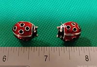 Front view of the pair of red and black enamel ladybug earrings placed next to a ruler for size reference.