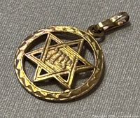 Front view of gold Star of David pendant showing design and bail