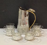Pitcher front with six tea cups arranged around
