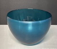 Side perspective of teal Murano glass bowl showing color and ribbed texture