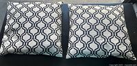 Photo of two decorative throw pillows with a black and white geometric pattern of interlocking octagons and squares.