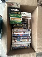 Top down view of a box filled with assorted VHS tapes including Jurassic Park, Sister Act 2, George of the Jungle, The Santa Clause, The Lord of the Rings, Beauty and the Beast, Sleeping Beauty, and more.