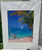 Framed art print showing a tropical beach with sailboat, palm tree, and driftwood log on sandy shore beneath a clear sky, mounted in white mat with protective plastic cover.