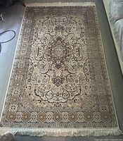 Top-down photo showing full view of rectangular brown/beige Persian style area rug with central medallion and floral scroll designs, fringed on shorter edges.